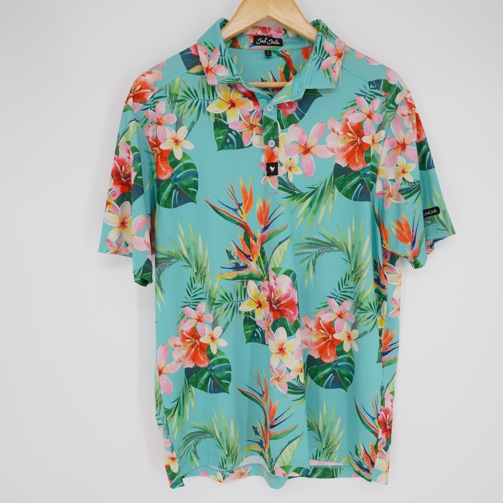 Bad Birdie Shirt Mens Large Blue Microfiber Short Sleeve Button Up Floral Casual